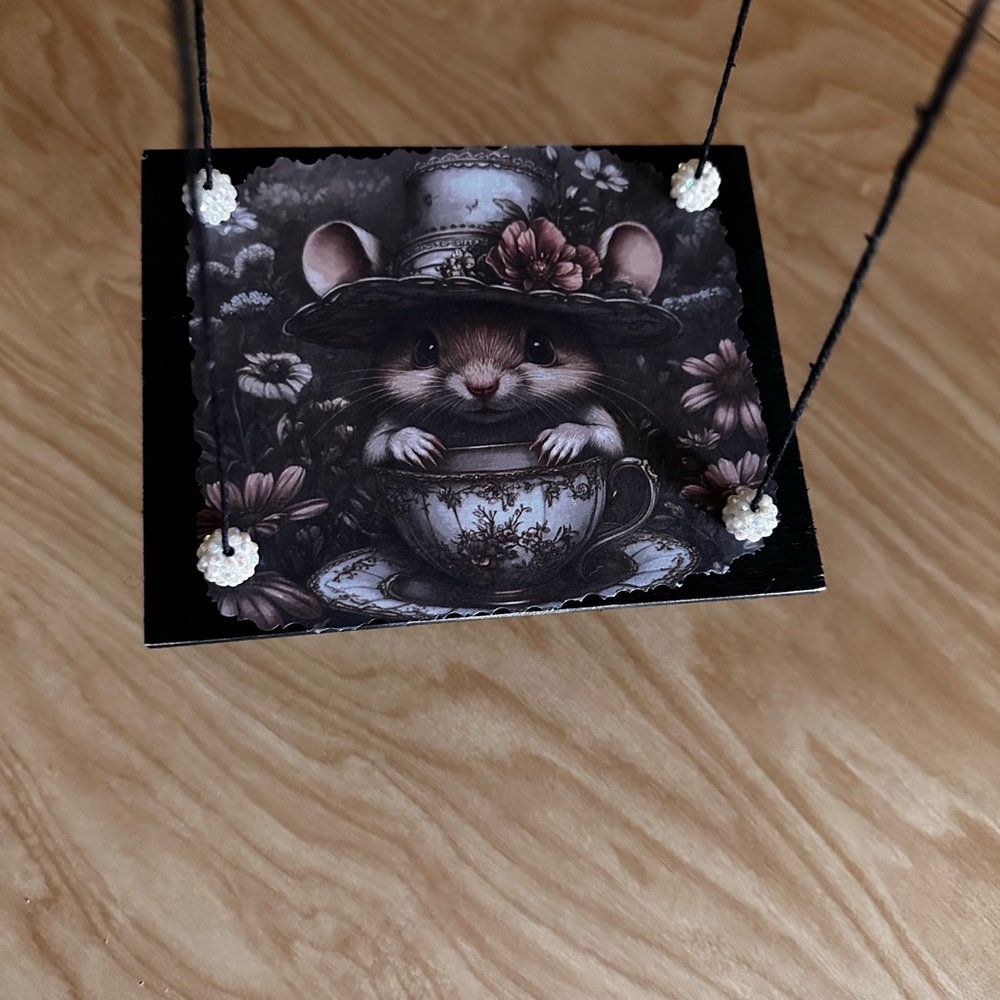 Handmade hanging display shelf with vintage mouse and teacup art